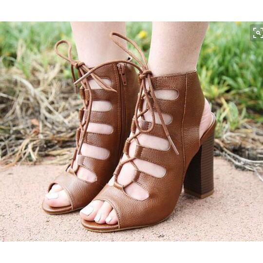 VCSHOES Lace Up Peep Toe High Chunky Heels Sandals