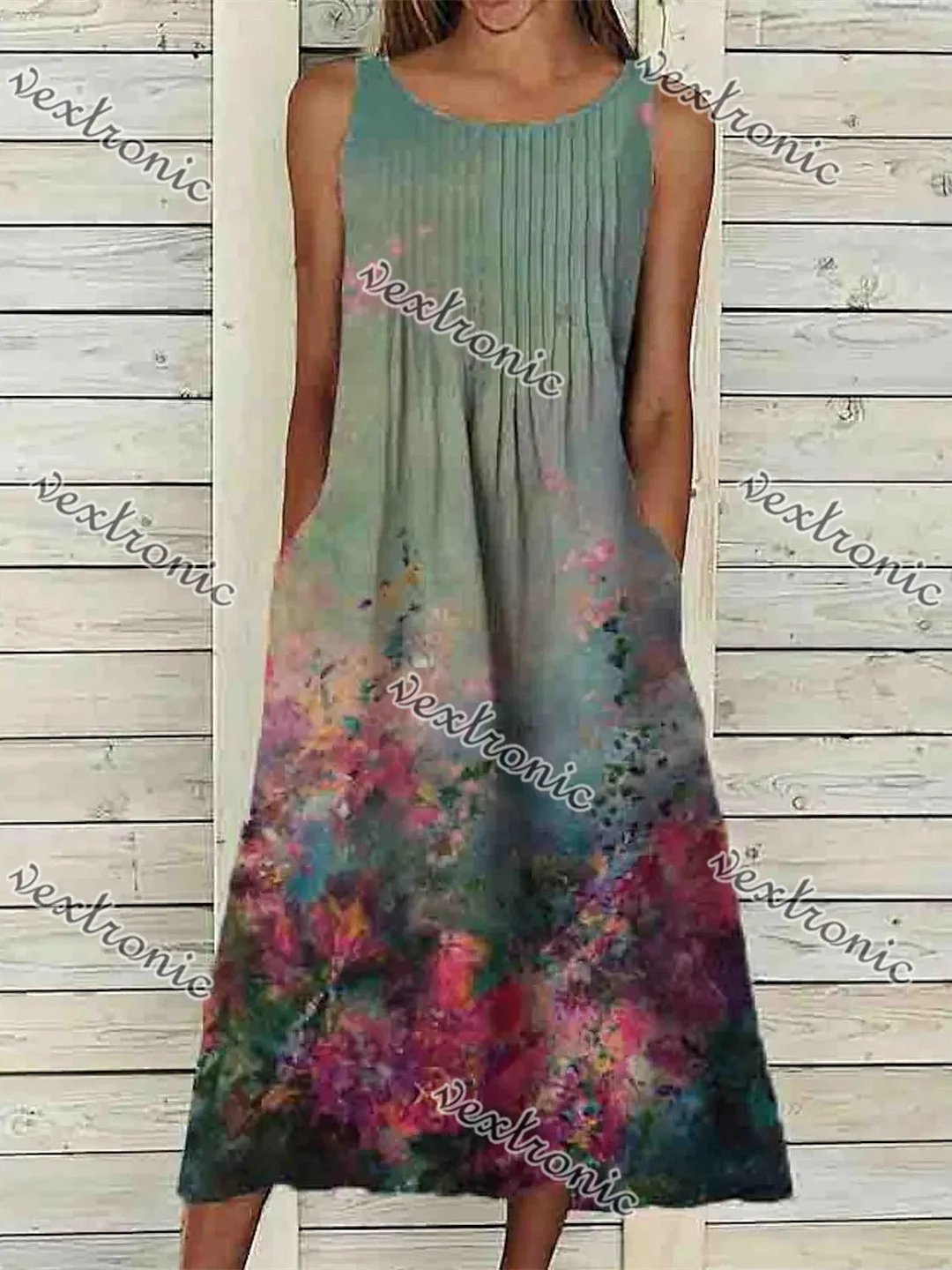 Women's Green Sleeveless Scoop Neck Graphic Floral Printed Midi Dress