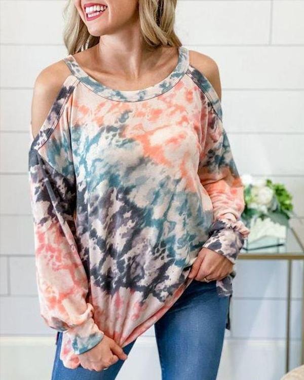 Tie Dye Cold Shoulder Long Sleeve Blouse