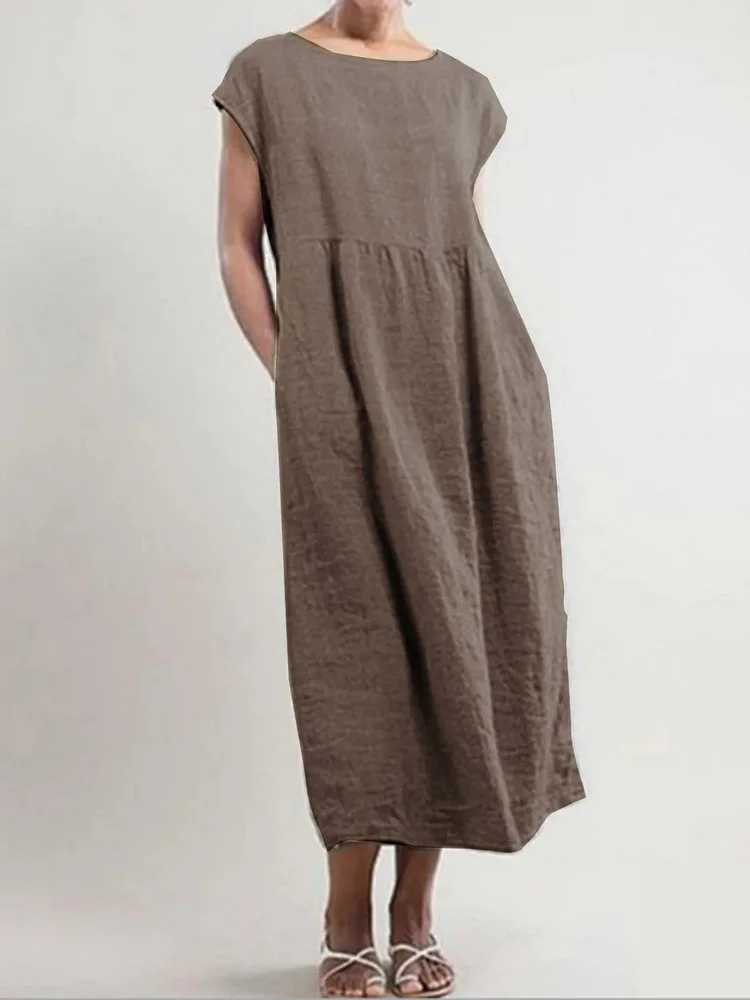 Solid Color Sleeveless Loose Cotton Linen Pocket Dress