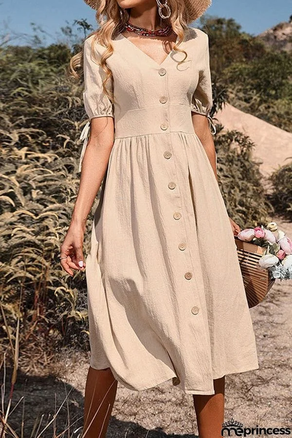 Short-sleeved v-neck solid color cotton and linen dress