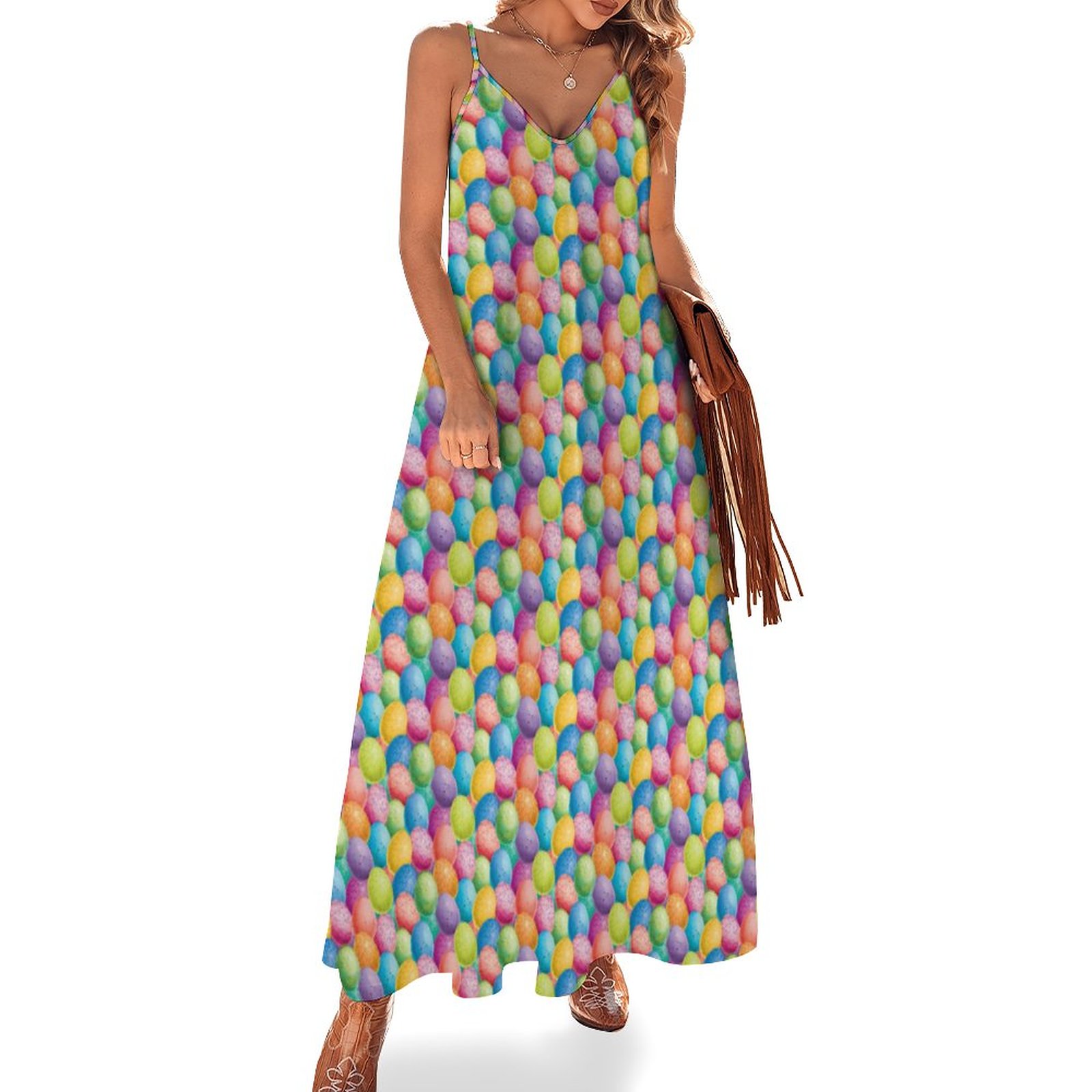 Easter Egg Pink Turquoise Purple Women's Casual Strappy V Neck Sleeveless Flowy Loose Long Maxi Beach Dress Sundress Pink-XL