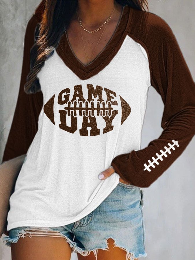 Women's Football Lover Game Day Casual V-Neck Long-Sleeve T-Shirt socialshop