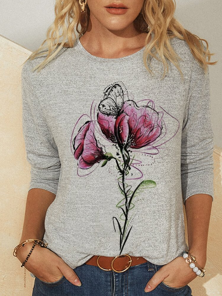 Calico Print O neck Long Sleeve Casual T Shirt For Women P1801398
