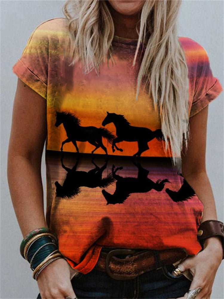 VChics Horse Reflection At Sunset Print V Neck T Shirt