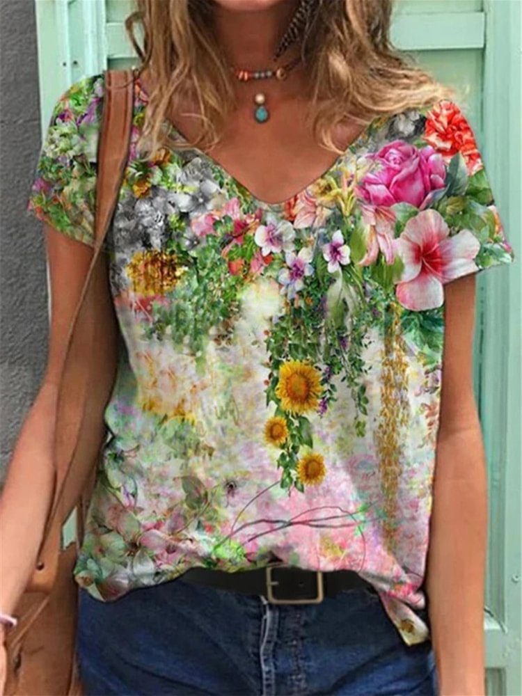 Vefave Floral Print V Neck T Shirt