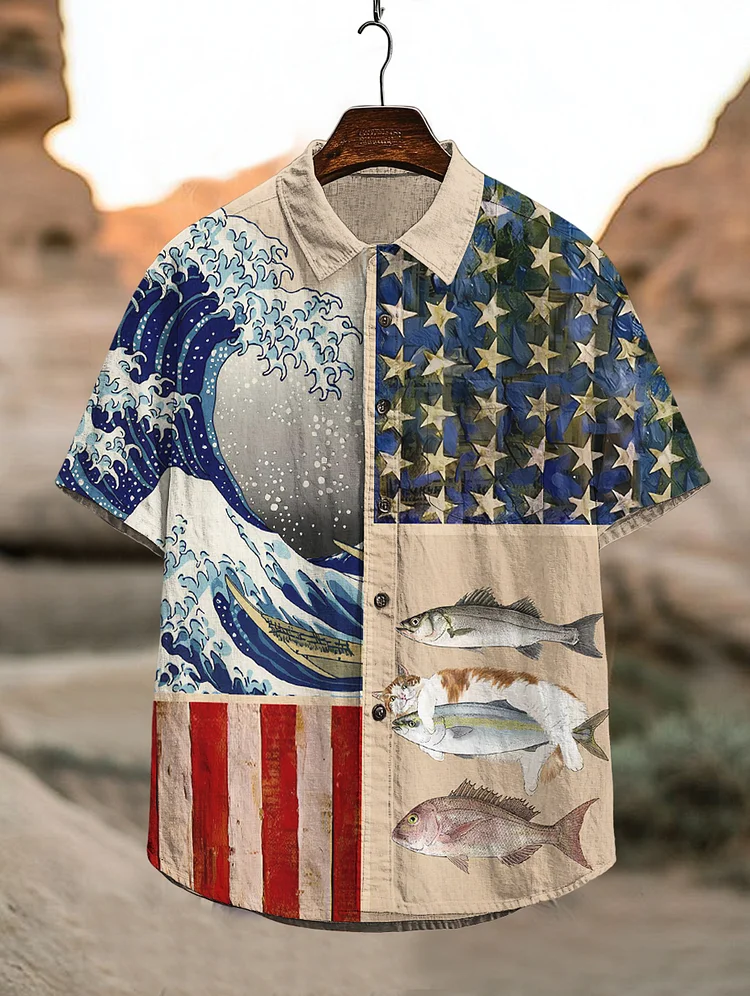 Men's Fish Ocean Waves American Flag Japanese Art Print Casual Shirt