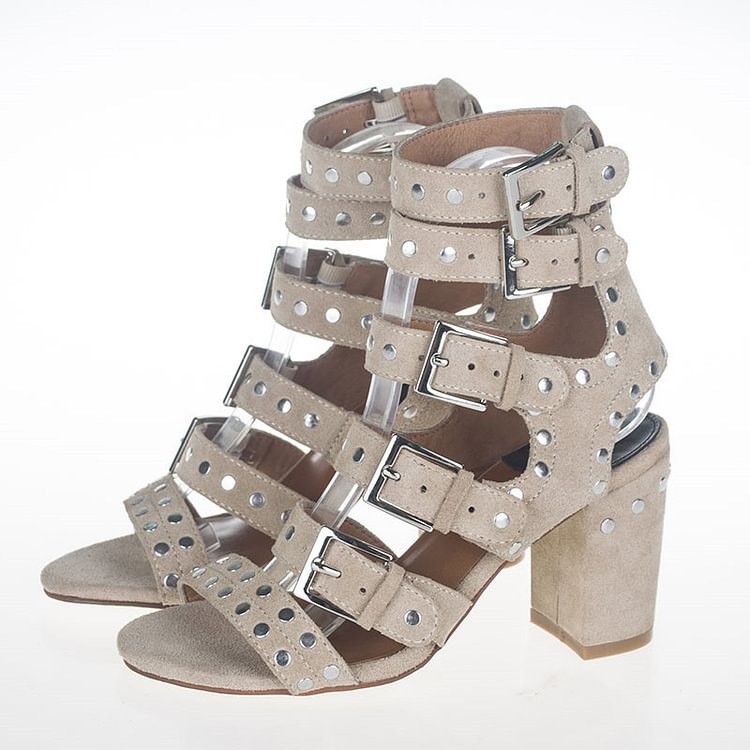 Beige Studs Shoes Suede Block Heel Sandals with Buckles |FSJ Shoes