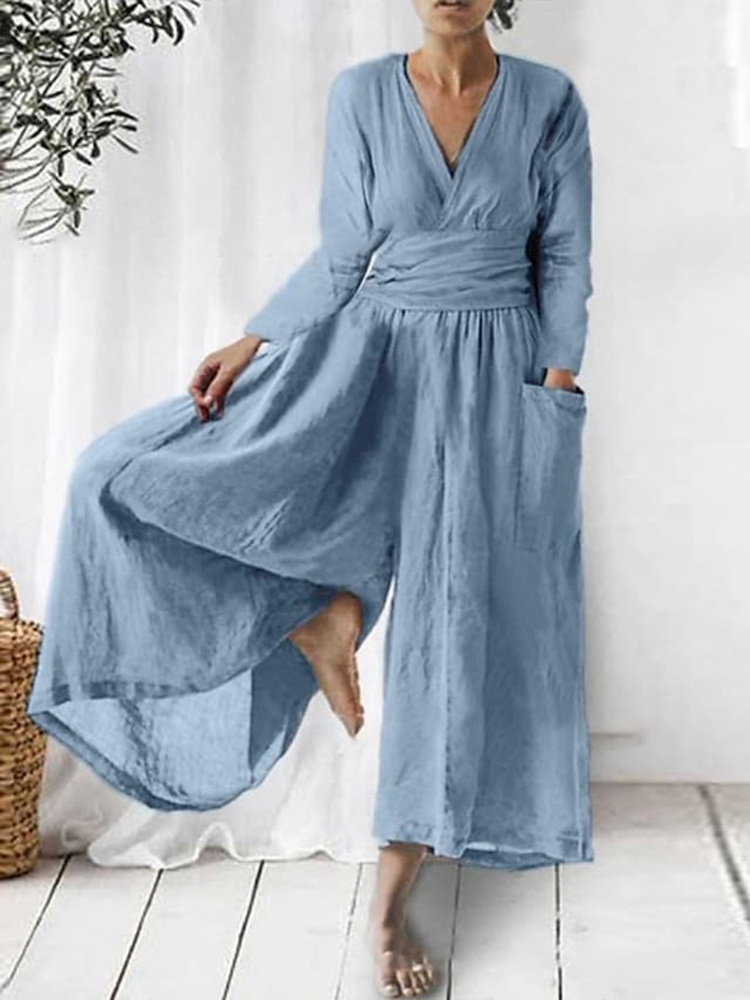 Stylish Deep V-Neck Long Sleeve Chains Empire Wide Leg Jumpsuits