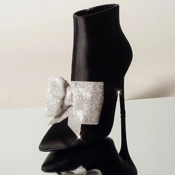 Black Satin Stiletto Booties Pointy Toe Rhinestone Bow Ankle Boots |FSJ Shoes