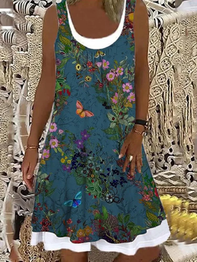 Women's Sleeveless Scoop Neck Floral Printed Fake 2-Piece Mini Dress