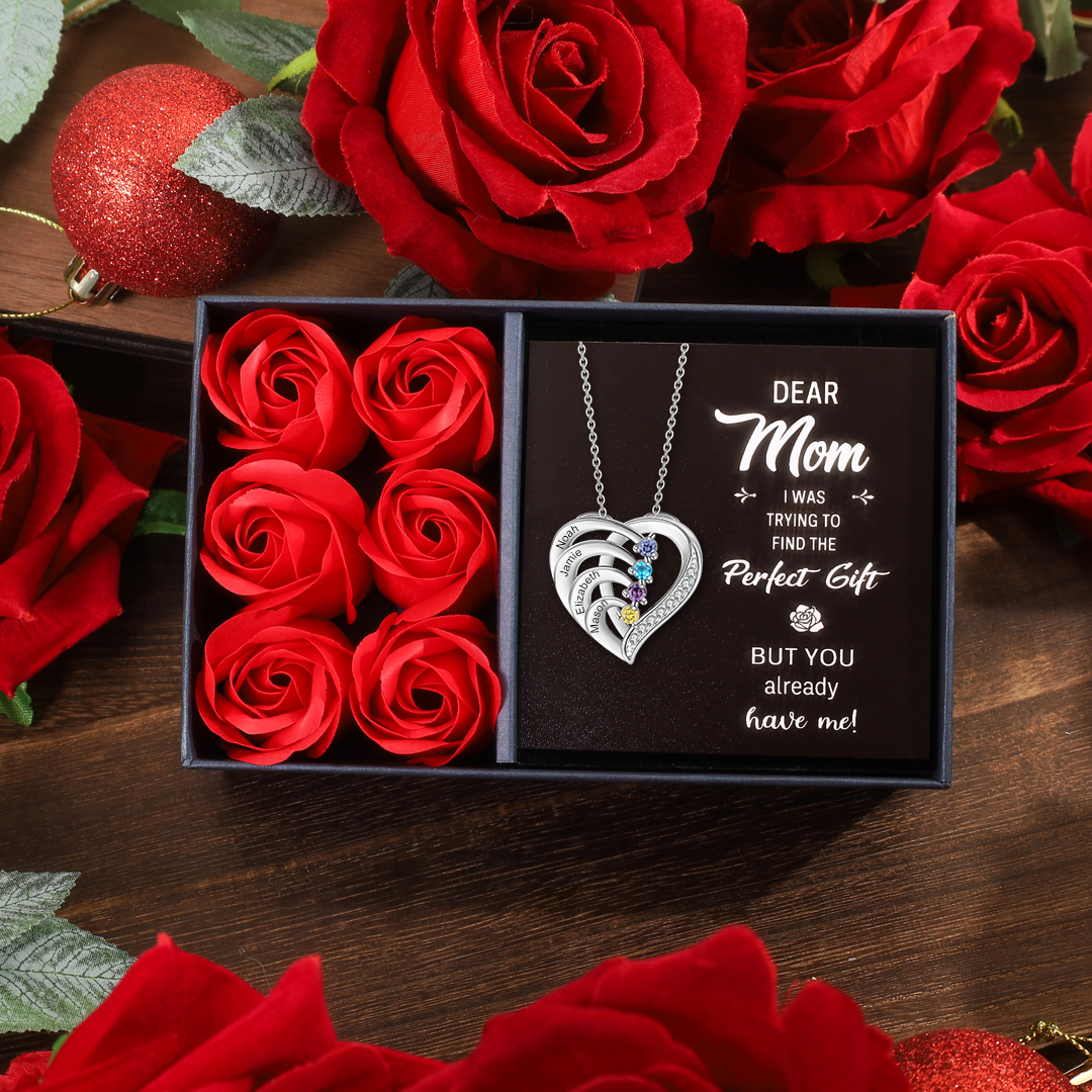 Personalized Mother Necklace 4 Stones Engraved 4 Names Birthstone