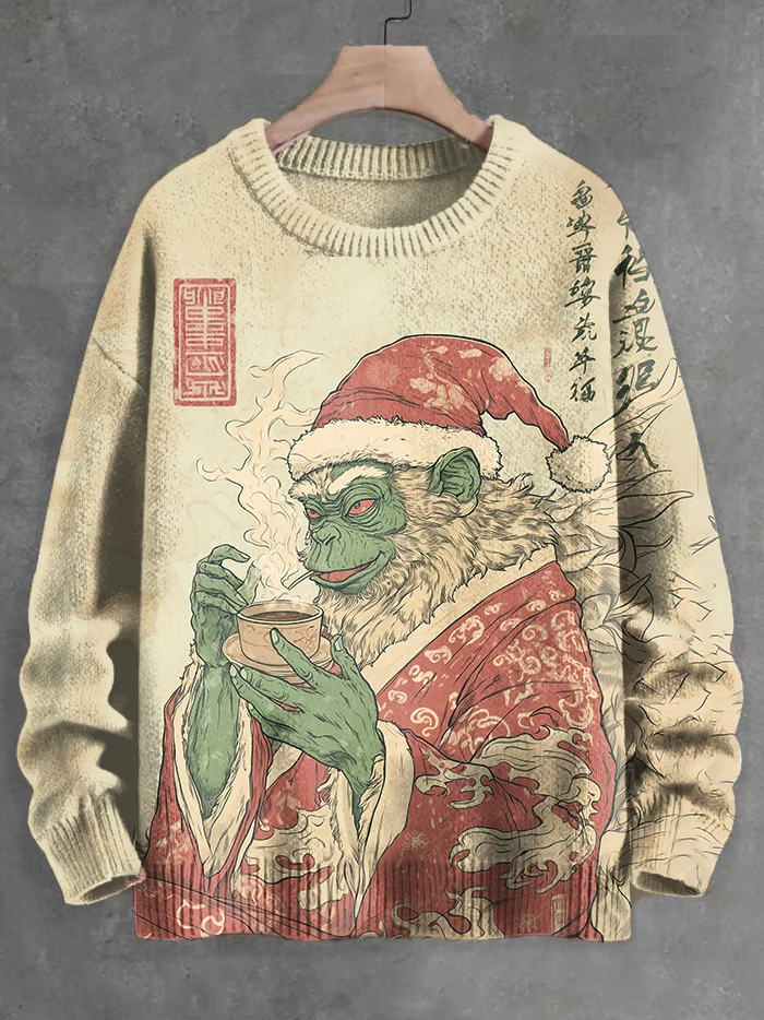 Men's Christmas Vintage Ukiyo-E Monkey Drinking Tea Japanese Art Print Knit Sweatshirt