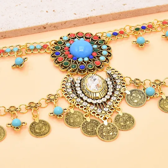New ethnic style inlaid rhinestone turquoise necklace bohemian double-layer coin tassel sweater chain ancient style necklace