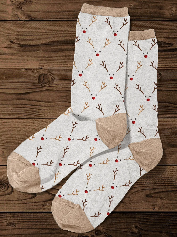 VChics Christmas Reindeer Faces Embroidery Pattern Comfy Socks