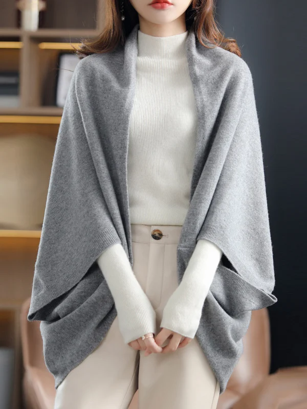 Urban Wool Loose Solid Color Batwing Sleeves Cape Cardigan Tops