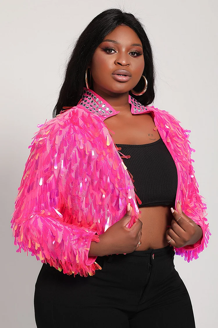 Plus Size Hot Pink Party Vintage Reflective Sparkly Iridescent Teardrop Sequin Split Jacket