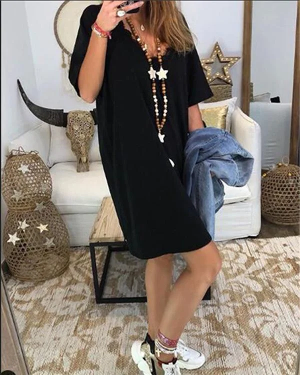 Women Short Sleeve V Neck Solid Plus Size Mini Dress