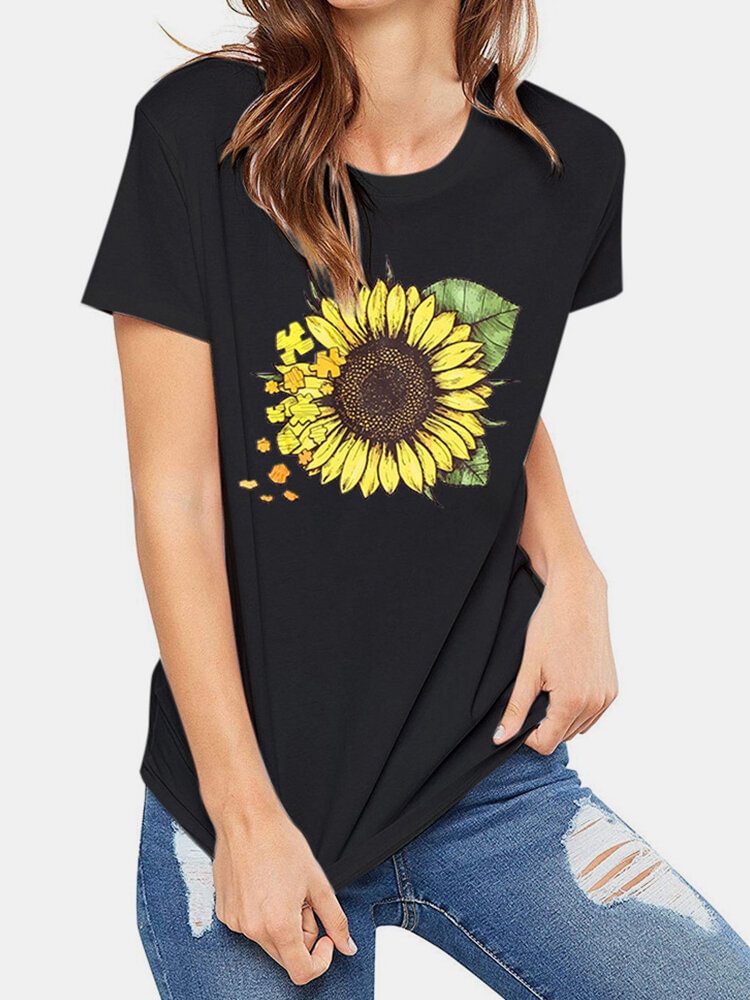 Puzzle Sunflower Print Short Sleeve T shirt For Women P1661488