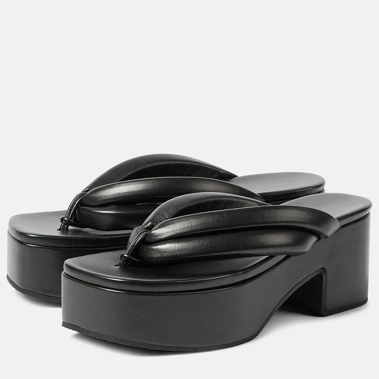 Women's Black Open-Toe Platform Thong Sandals with Chunky Heel |FSJ Shoes