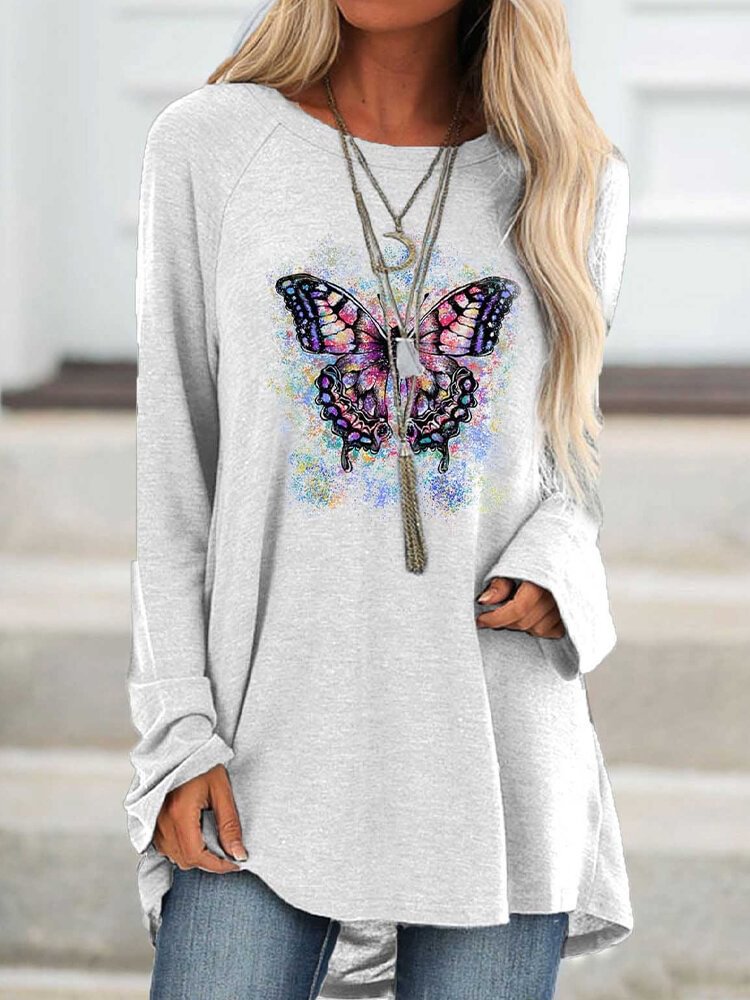Butterfly Print Long Sleeves O neck Casual T shirt For Women P1743149