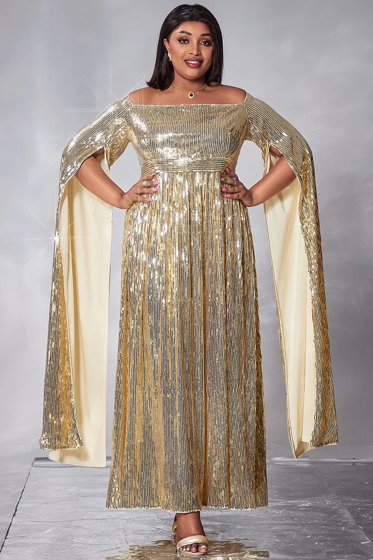 Plus Size Semi Formal Maxi Dresses Elegant Gold Off The Shoulder Cape Sleeve Split Sequin Maxi Dresses [Pre-Order]