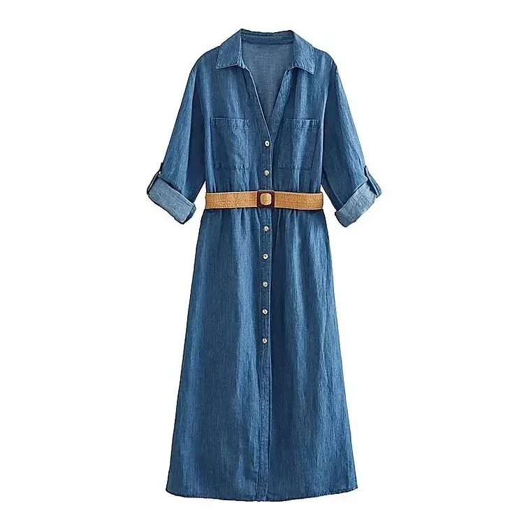 Amalrob Amalrob - New Women's Casual Chic Front Patch Pockets Front Button Closure Contrasting Belt Linen Blend Shirt Dress