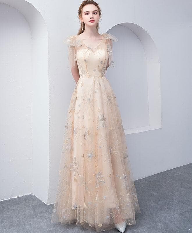 Champagne Tulle V Neck Long Prom Dress, Champagne Tulle Evening Dress