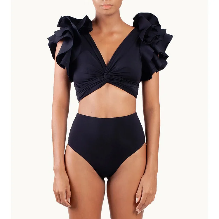 Flaxmaker Ruffle Solid Black Bikini Swimsuit And Cover Up