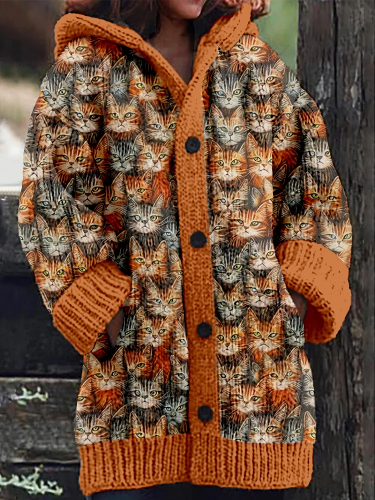 Lots Of Cats Pattern Cozy Hooded Cardigan
