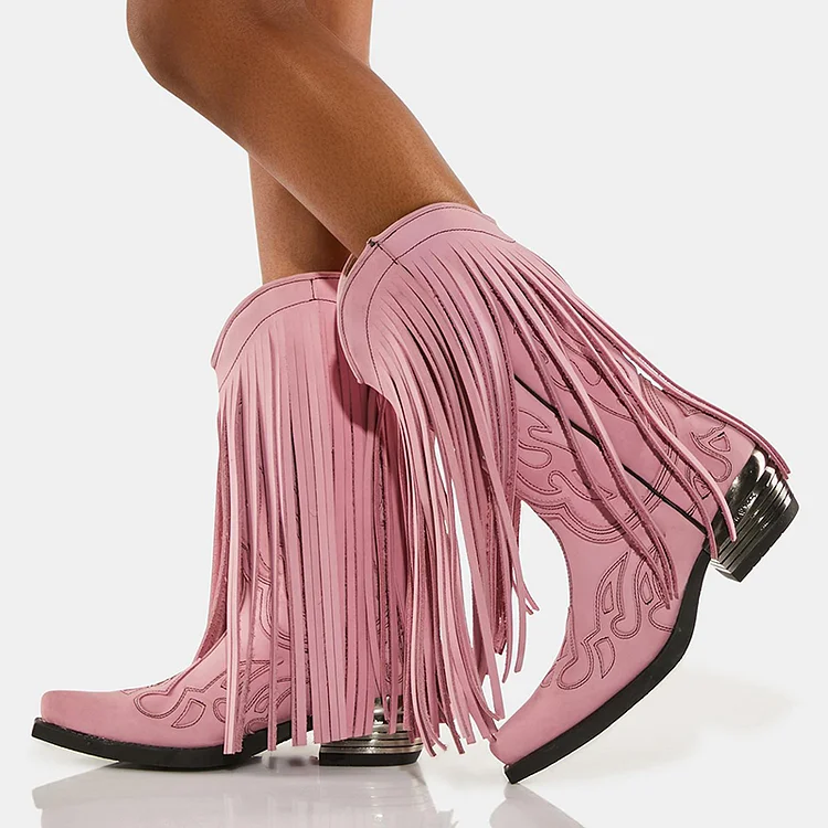 Pink Square Toe Block Heels Pointy Fringe Cowgirl Boots Vintage Mid Calf Boots |FSJ Shoes
