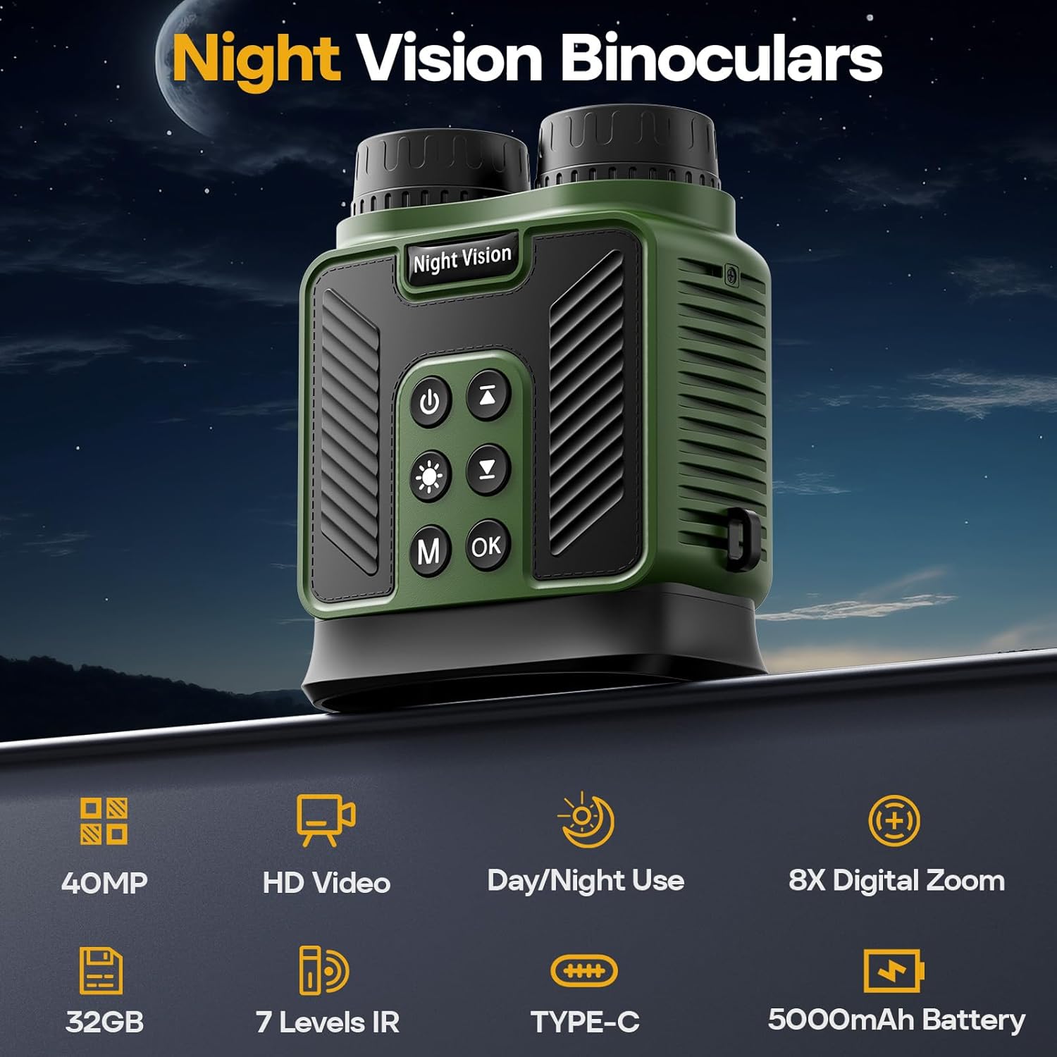 BekinTek Night Vision Binoculars 5000mAh Rechargeable Telescope NVG Infrared Goggles Full Dark Observing Scope 7x IR Adjustment 8x Digital Zoom 2.5K Video Playback 40M Photo 3 Inches Large HD Screen with 32G TF Card for Camping Hiking Surveillance 2