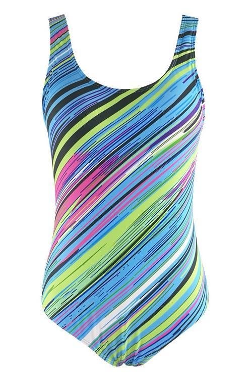 Light Blue Scoop Neck Stripe Print Backless Modest One Piece Swimsuit - Shop Trendy Women's Clothing | LoverChic