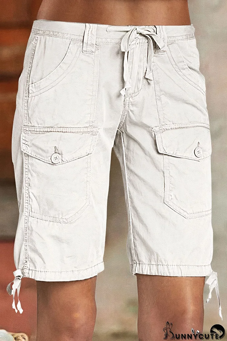 Solid Flap Pocket Drawstring Low Waist Bermuda Shorts