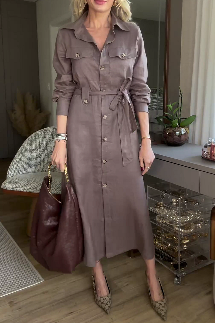 Turndown Collar Long Sleeve Knotted Waist Linen Long Trench Coat [Pre Order]