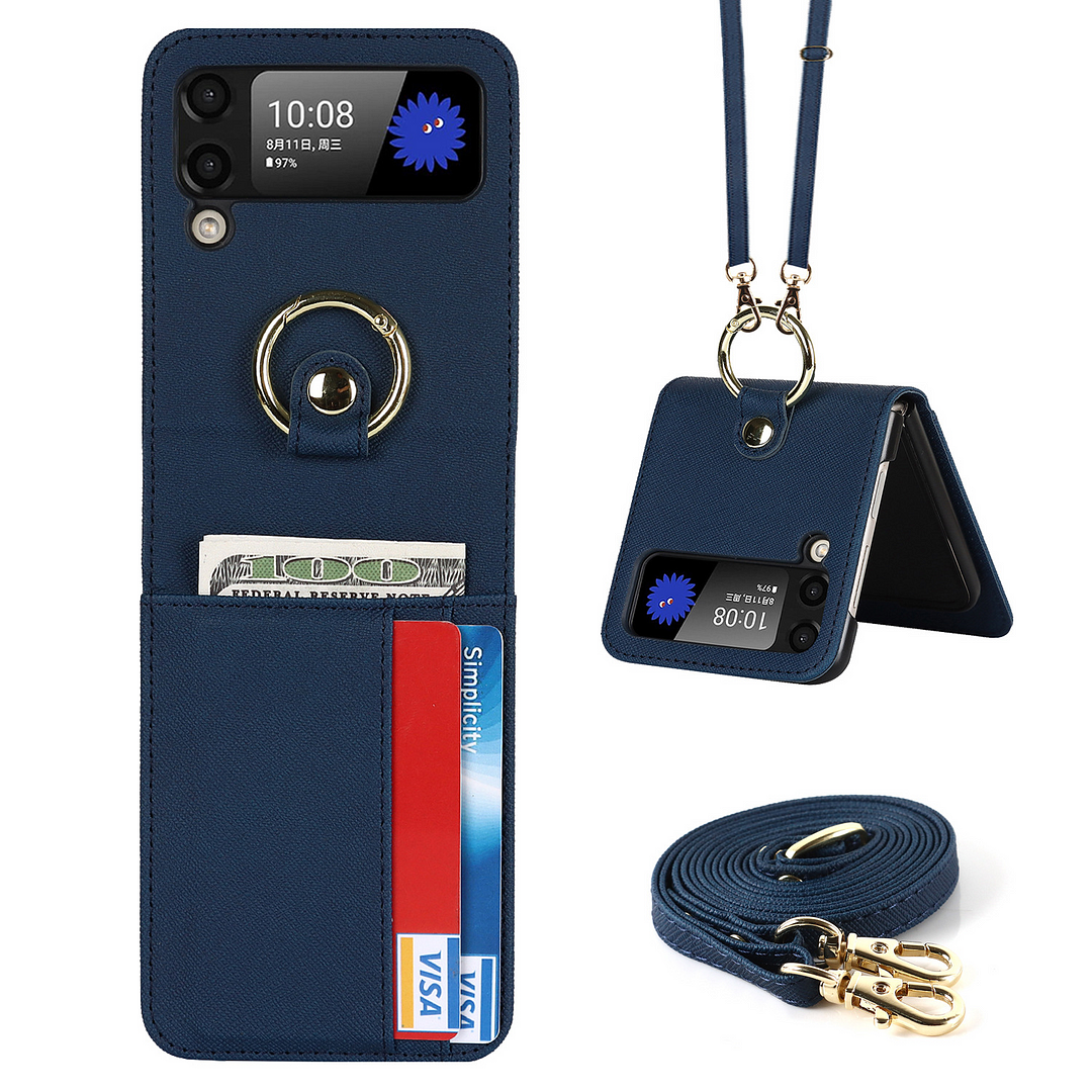 Luxury Crossbody Leather Phone Case With Cards Slot,Hangable Ring Kickstand,Lanyard And Hinge for Galaxy Z Flip3/Flip4