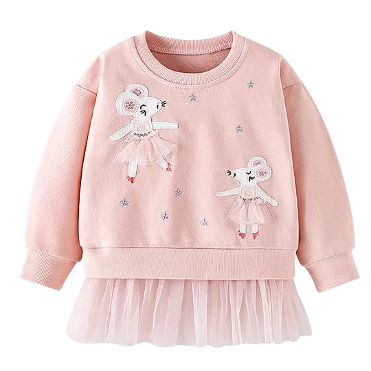 【18M-8Y】Girls Fashion Sweet Cartoon Mouse And Star Embroidered Pink Sweatshirt