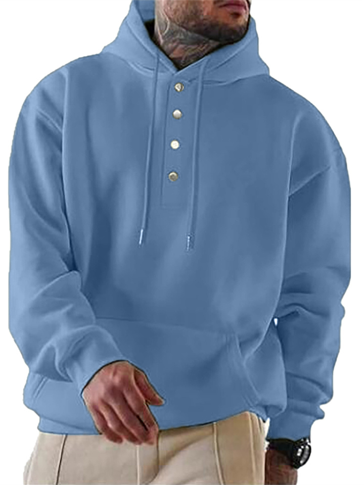 Snap Button Drawstring Solid Color Men's Long Sleeve Pullover Jacket Loose Casual Hooded Single-breasted Sweatshirt