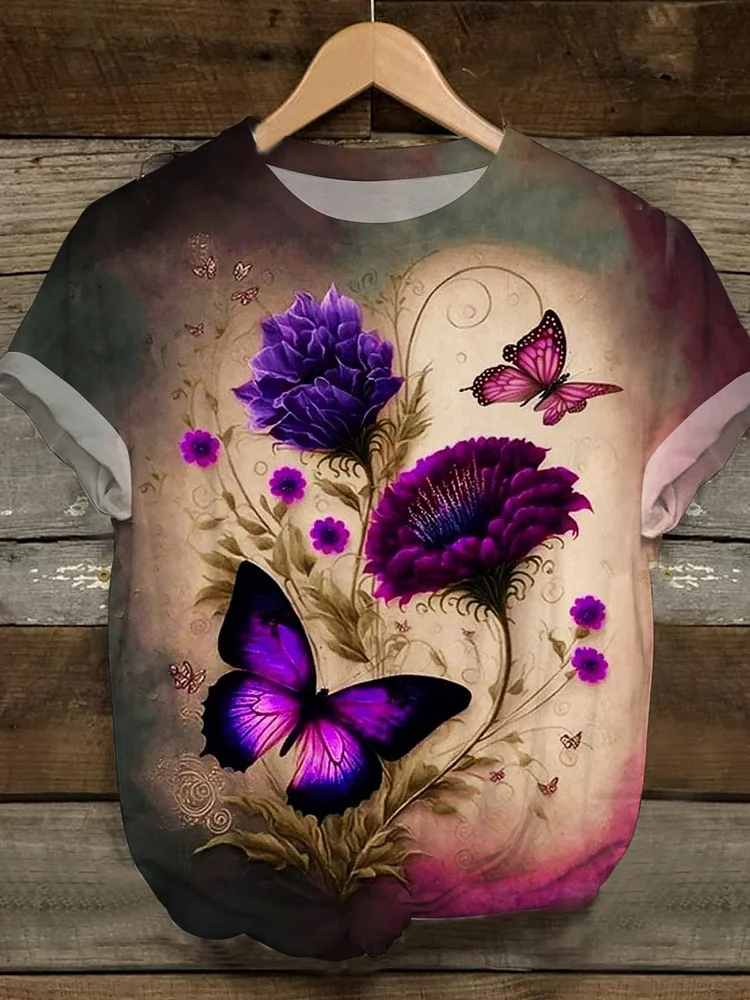 Purple Vintage Butterfly Floral Crew Neck T-shirt