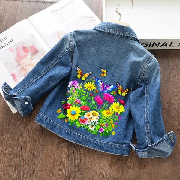 【18M-11Y】Girls Fashion Floral And Butterfly Print Blue Denim Jacket