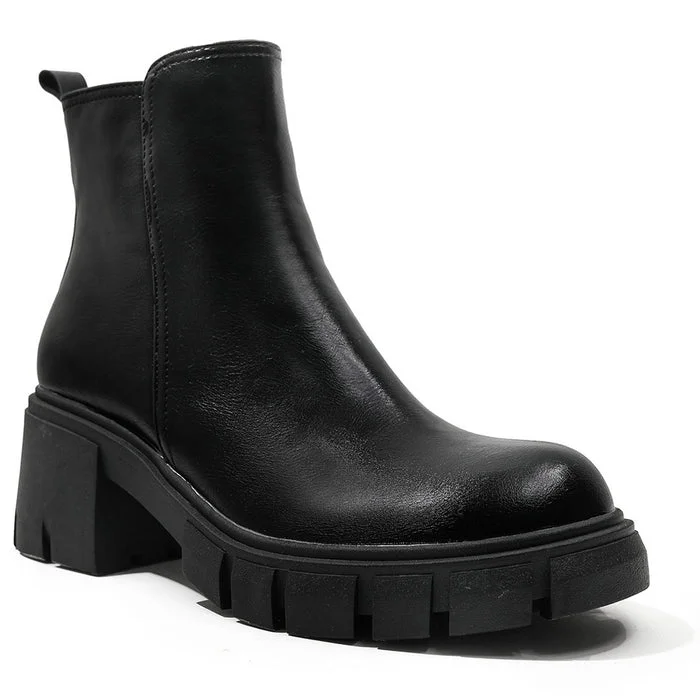 Chelsea Style Faux Leather Lug Sole Block Heel Ankle Boots Radinnoo.com