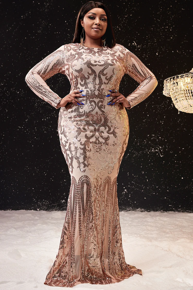 Plus Size Formal Dress Rose Gold Bodycon Long Sleeve Sequin Maxi Dress [Pre-Order]