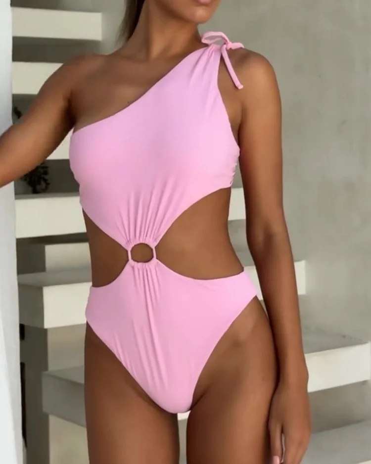 Women's Solid Color One Shoulder Waist Hollow One Piece Swimsuit