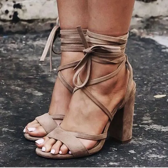 VCSHOES Open Toe Ankle Wraps Lace Up Chunky Heels Sandals