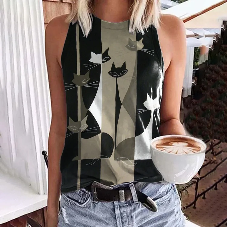 Cat Geometric Abstract Print Tank Top