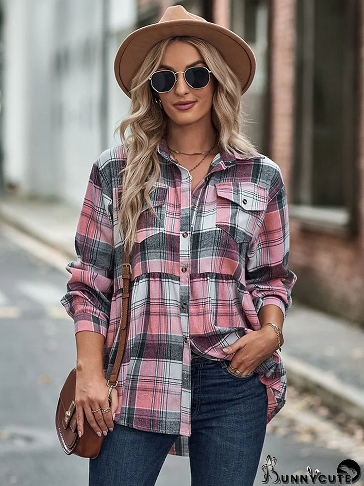 Vintage Loose Checkered Lapel Blouses&Shirts Tops