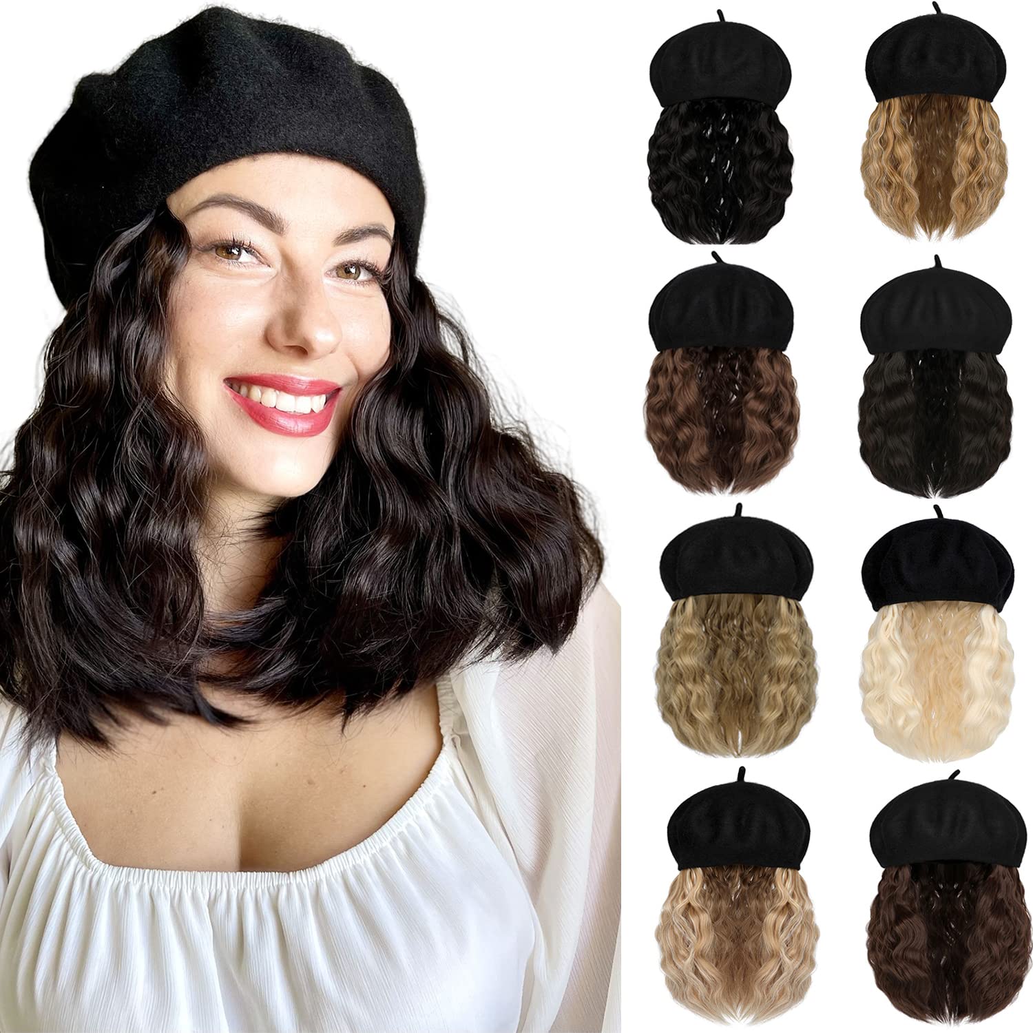 Wigyy Black Berets Cap with 8 Inch Wavy Curly Hat Wig