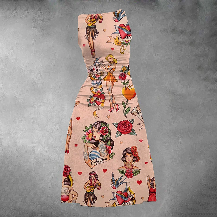 Pin-Up Girl Tattoo Sleeveless Midi Dress