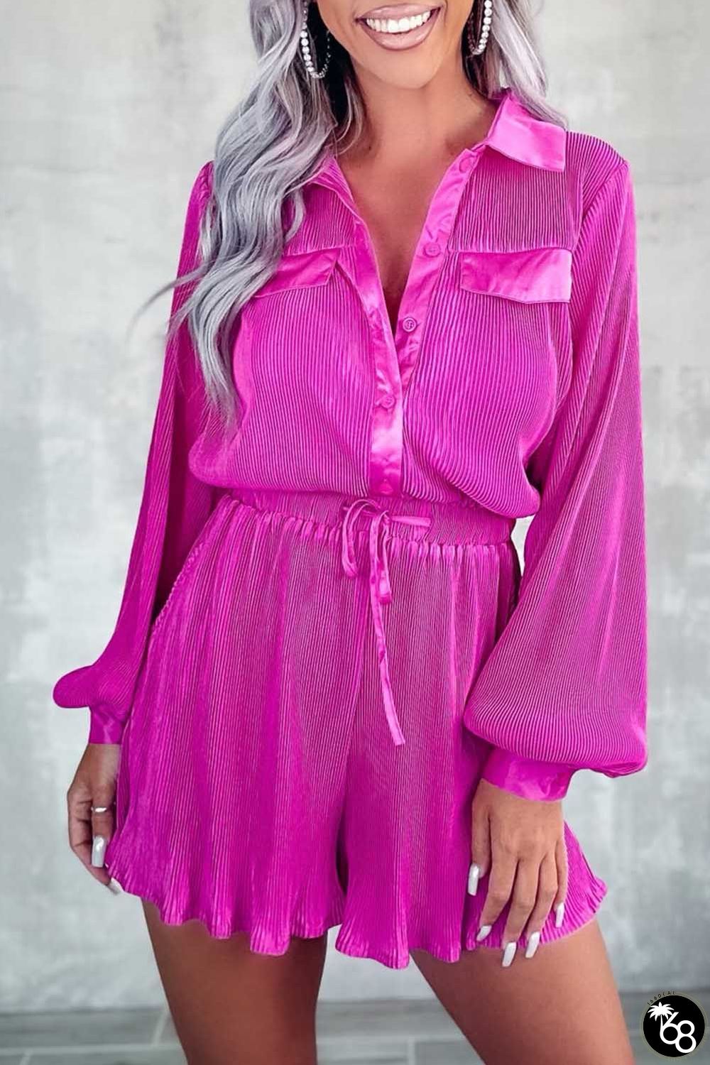 Rose Pleated Long Sleeve Buttoned Drawstring Romper | 168DEAL