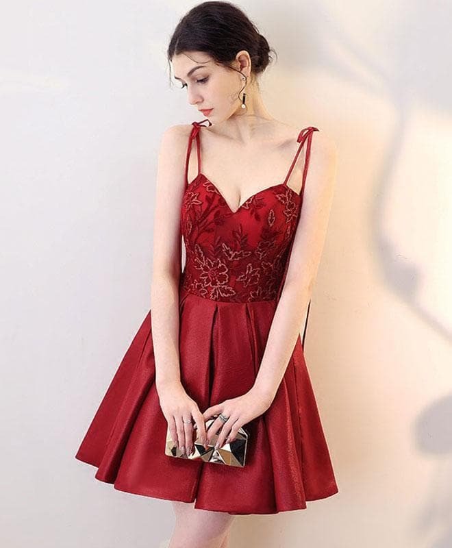 Burgundy V Neck Lace Short Prom Dress